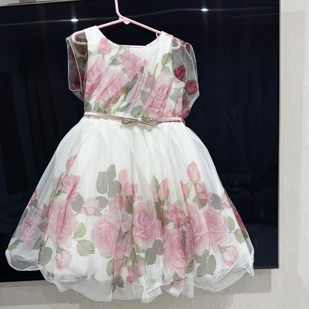Floral Pink and White Dress with Bow